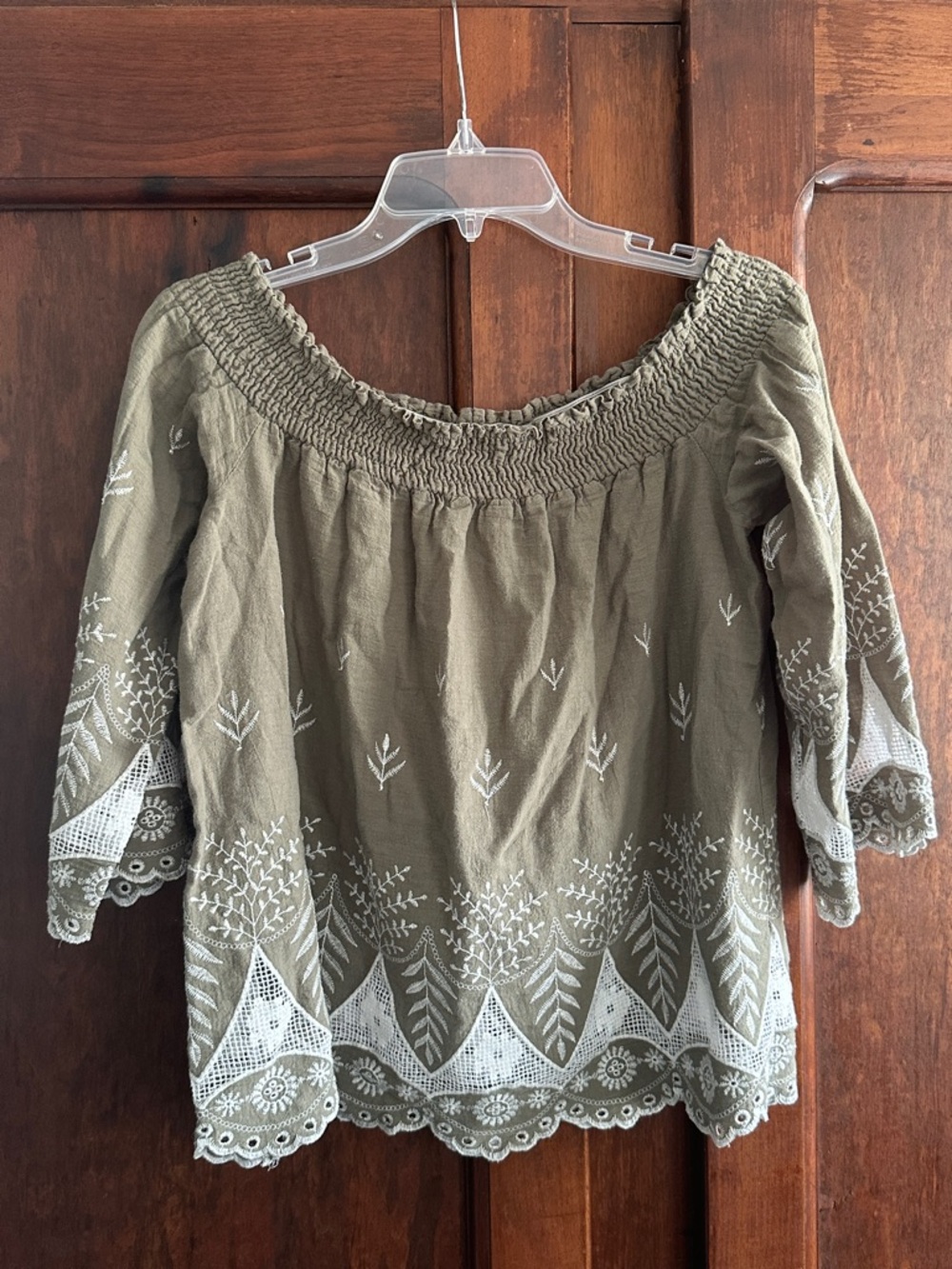Umgee Olive Embroidered Off-Shoulder Women’s Top